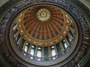 The beautiful dome of the Illinois capitol building as seen from below.