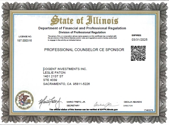 The Illinois CE Sponsor license of Illinois Required Training Solutions, a dba of Cogent Investments Inc.